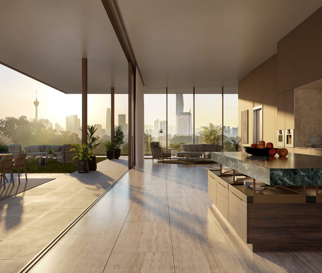 Penthouse interior with floor-to-ceiling views of greenery