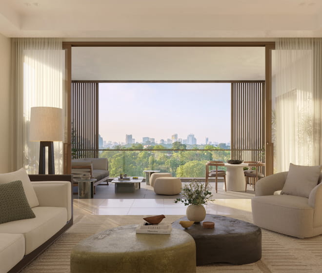 Resident's Villa living room overlooking the city skyline
