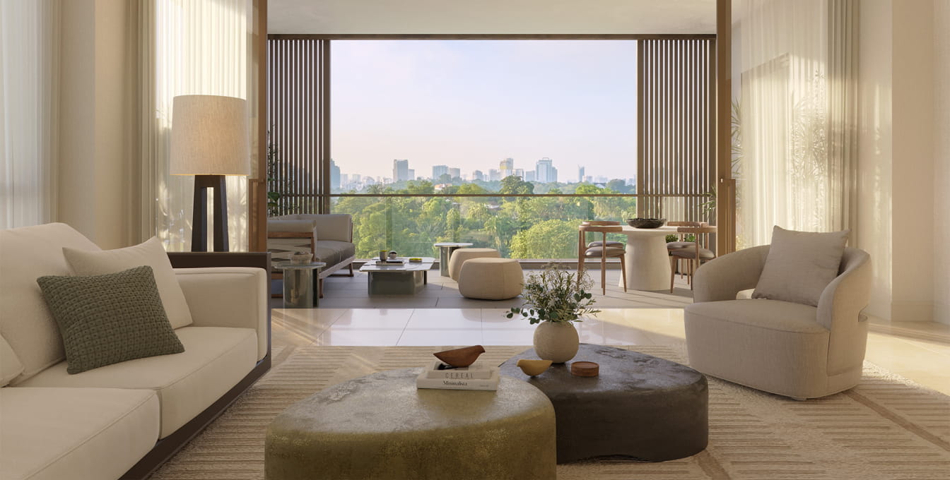 Resident's Villa living room overlooking the city skyline